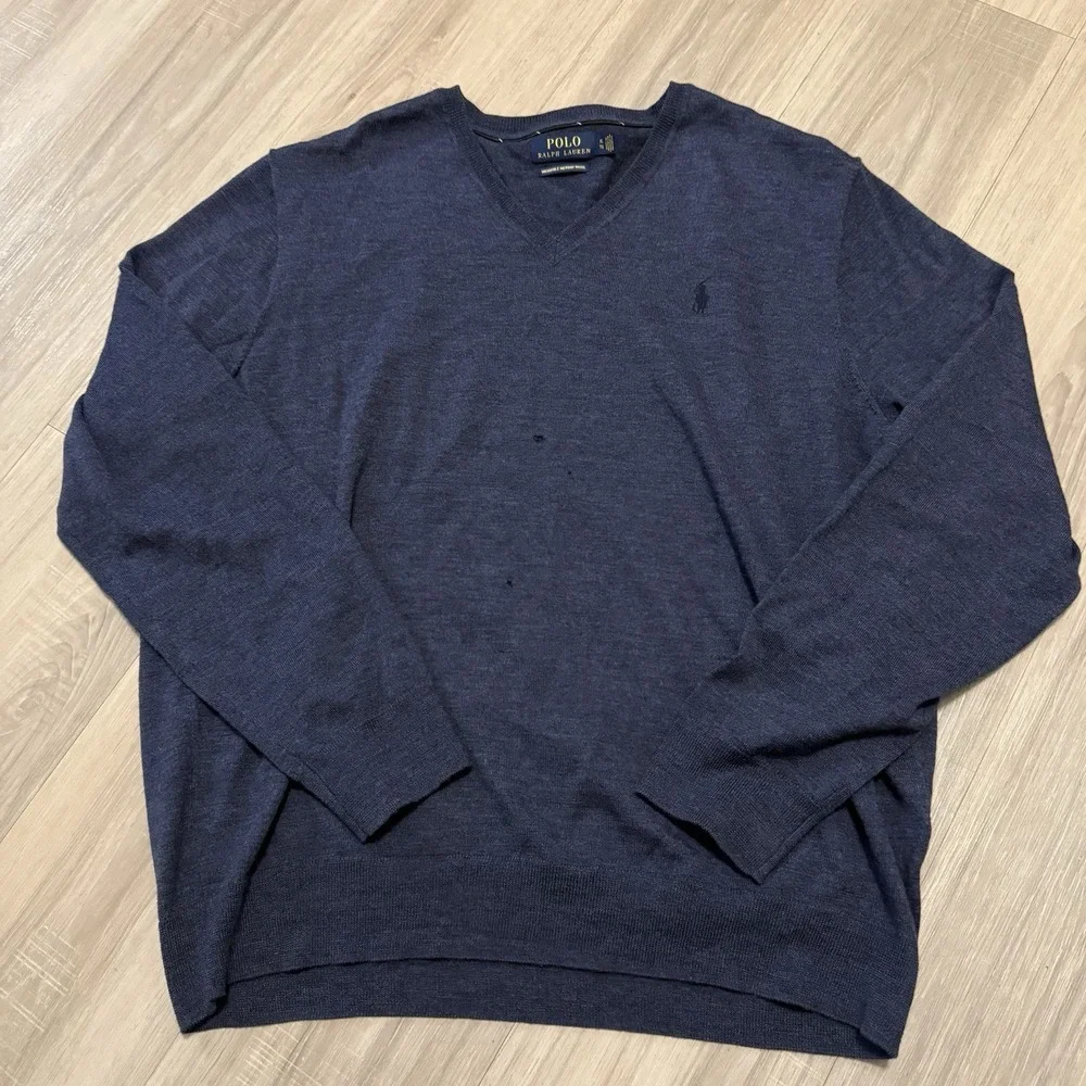 Polo Ralph Lauren sweater Mens XL Washable Merino Wool V Neck Blue knit pullover